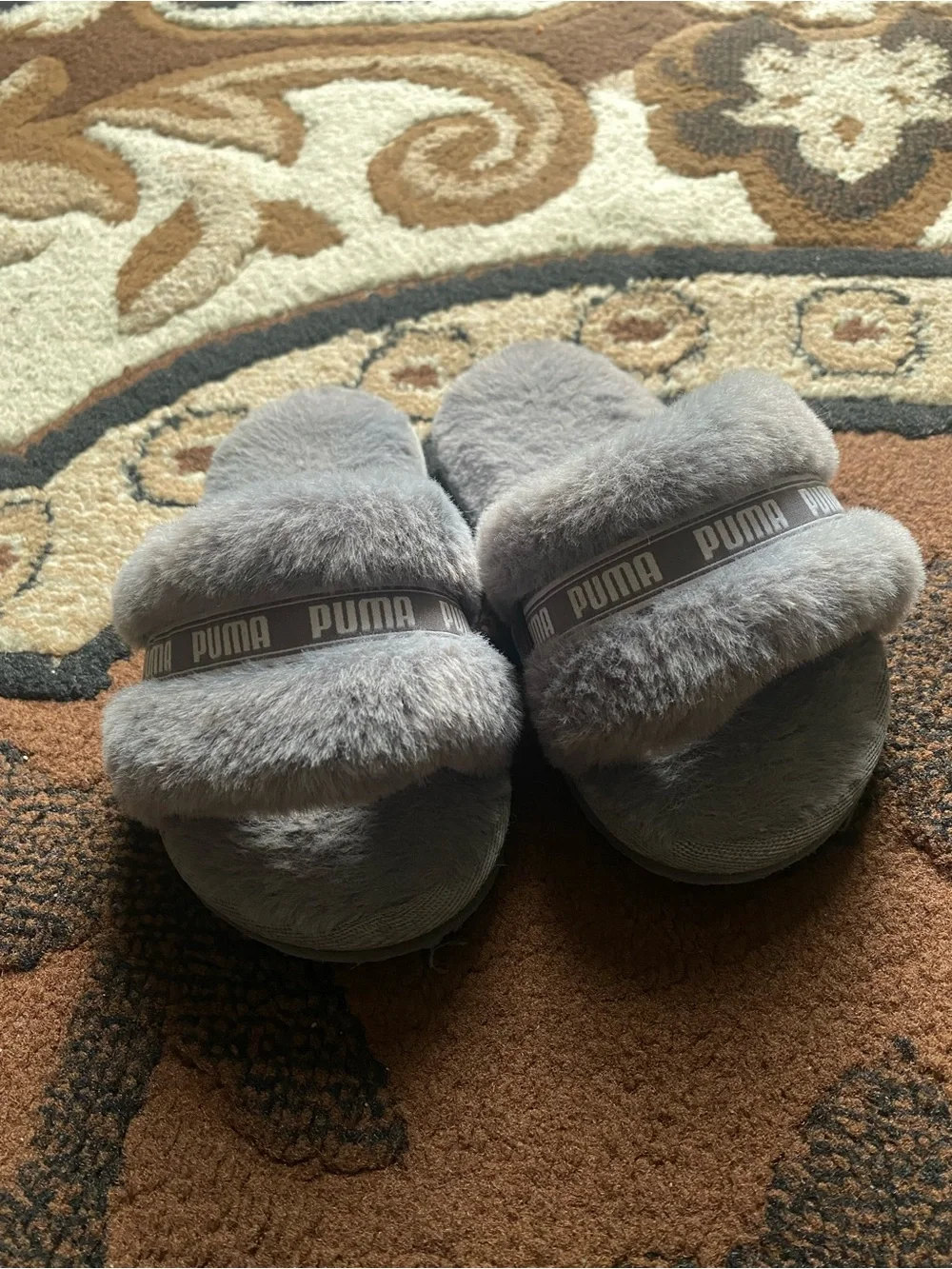 Puma Gray Plush Fuzzy Slide Slippers